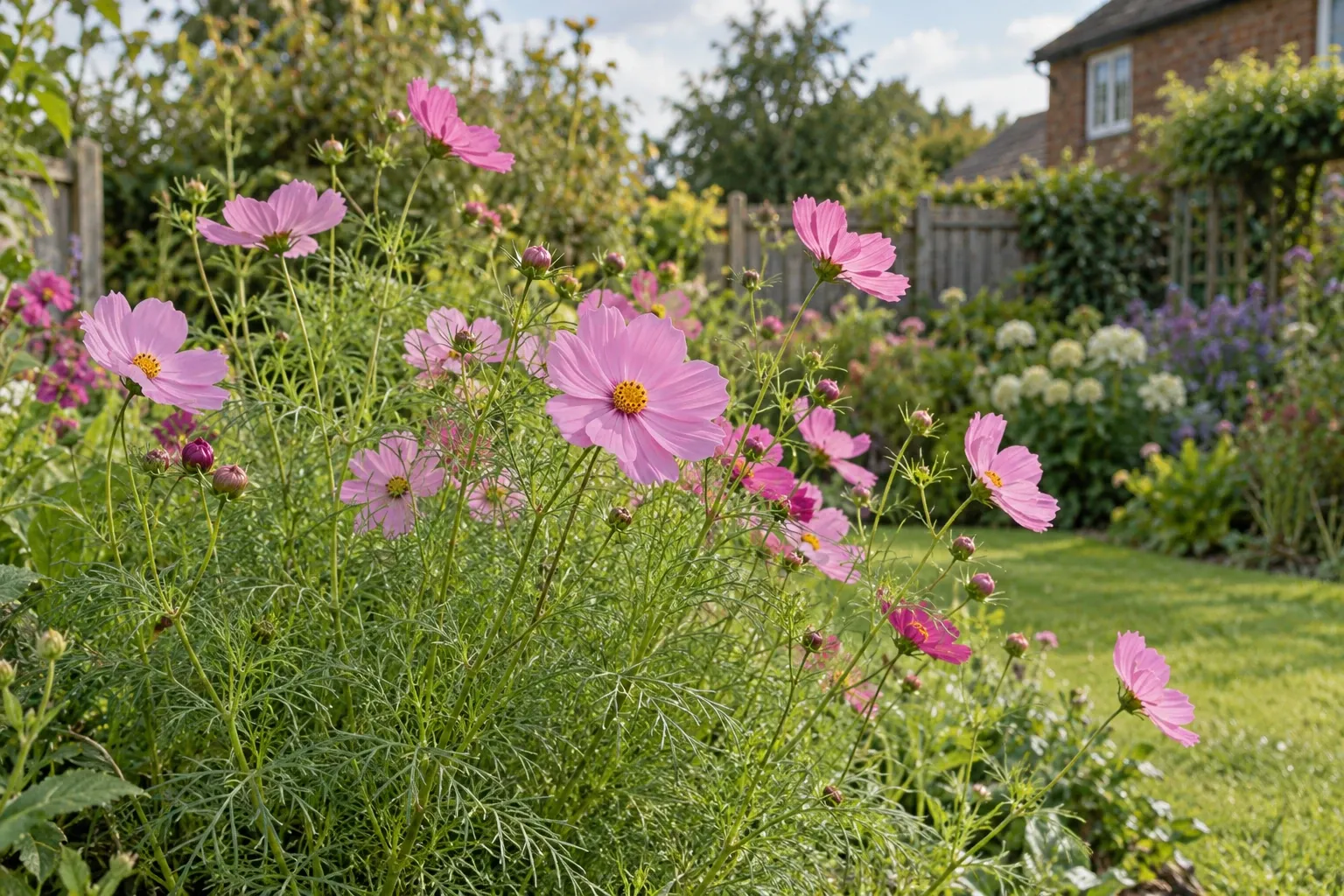 Pink cosmos flowers blooming in sunlit cottage garden with fence and lawn background
