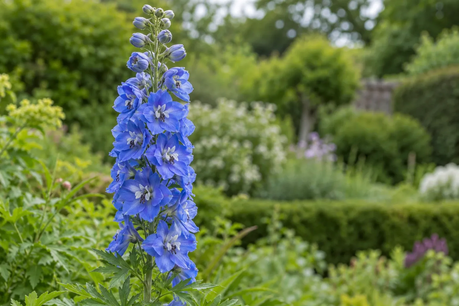 Tall blue delphinium spike with layered blooms in a green garden setting