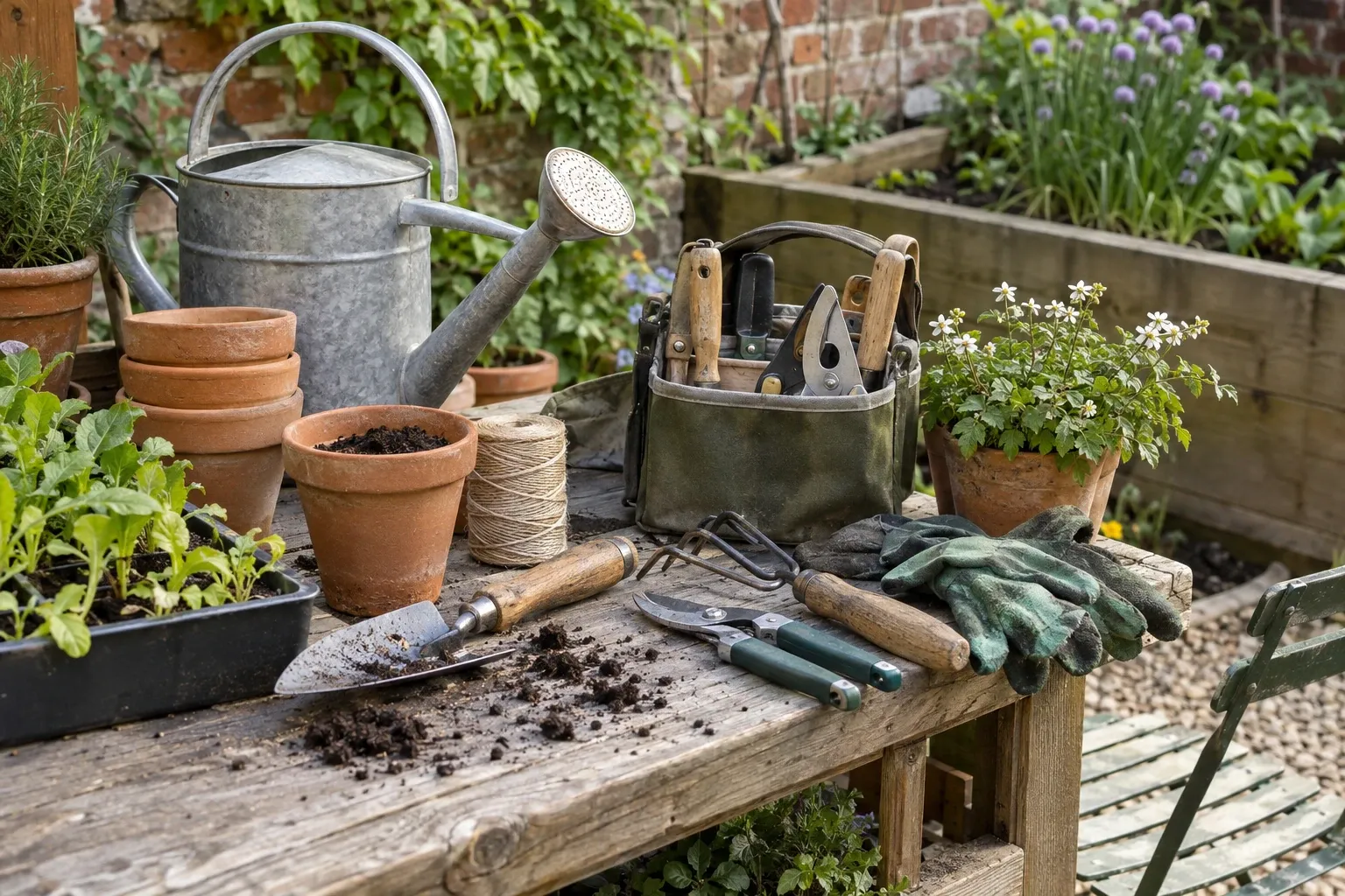 Wooden potting bench with trowel, pruning shears, gloves, watering can, clay pots
