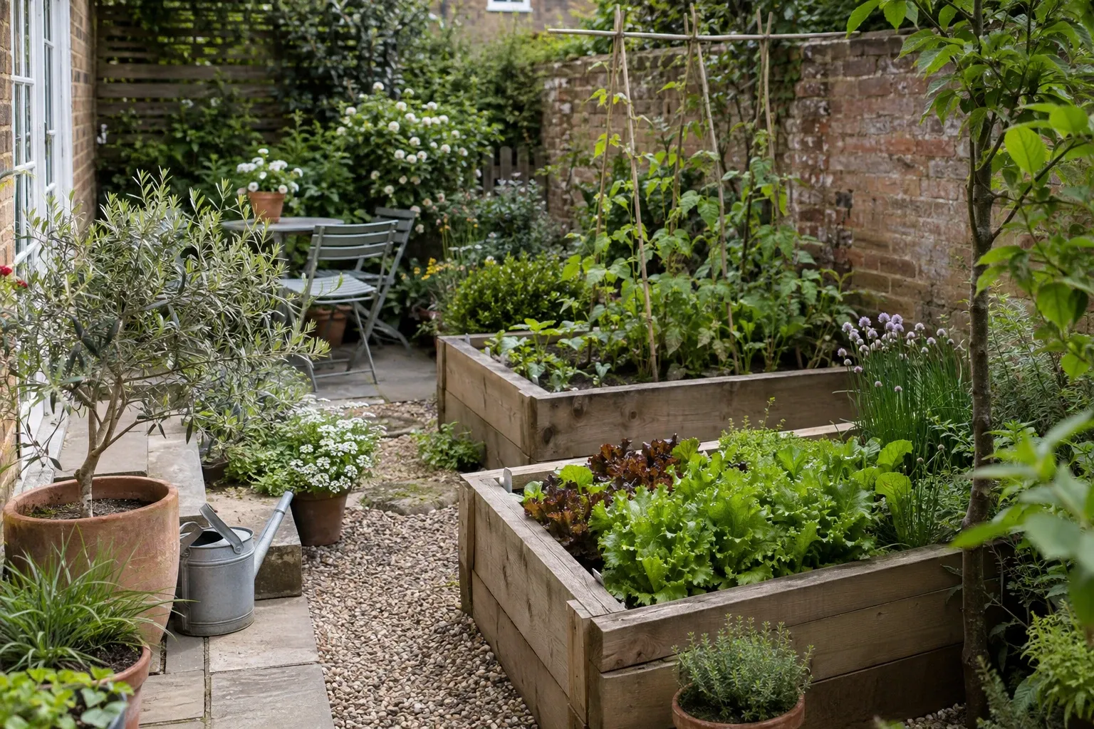 Small backyard with wooden raised beds of lettuce, herbs, potted plants, gravel path