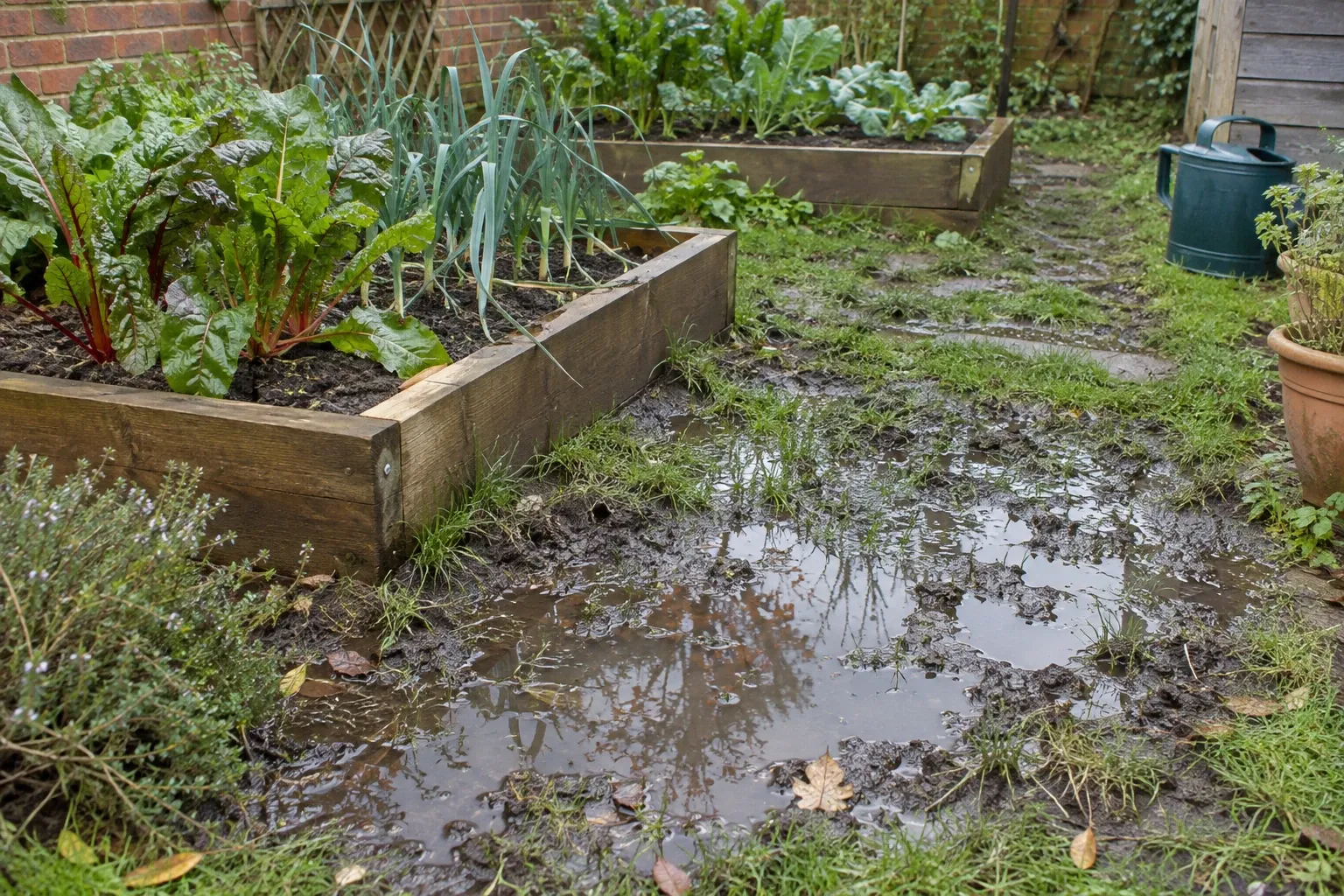 Waterlogged garden path with muddy puddles beside raised vegetable beds and leeks