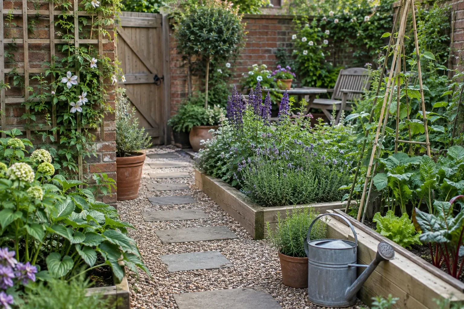 Gravel path with stepping stones between raised beds, watering can and wooden gate
