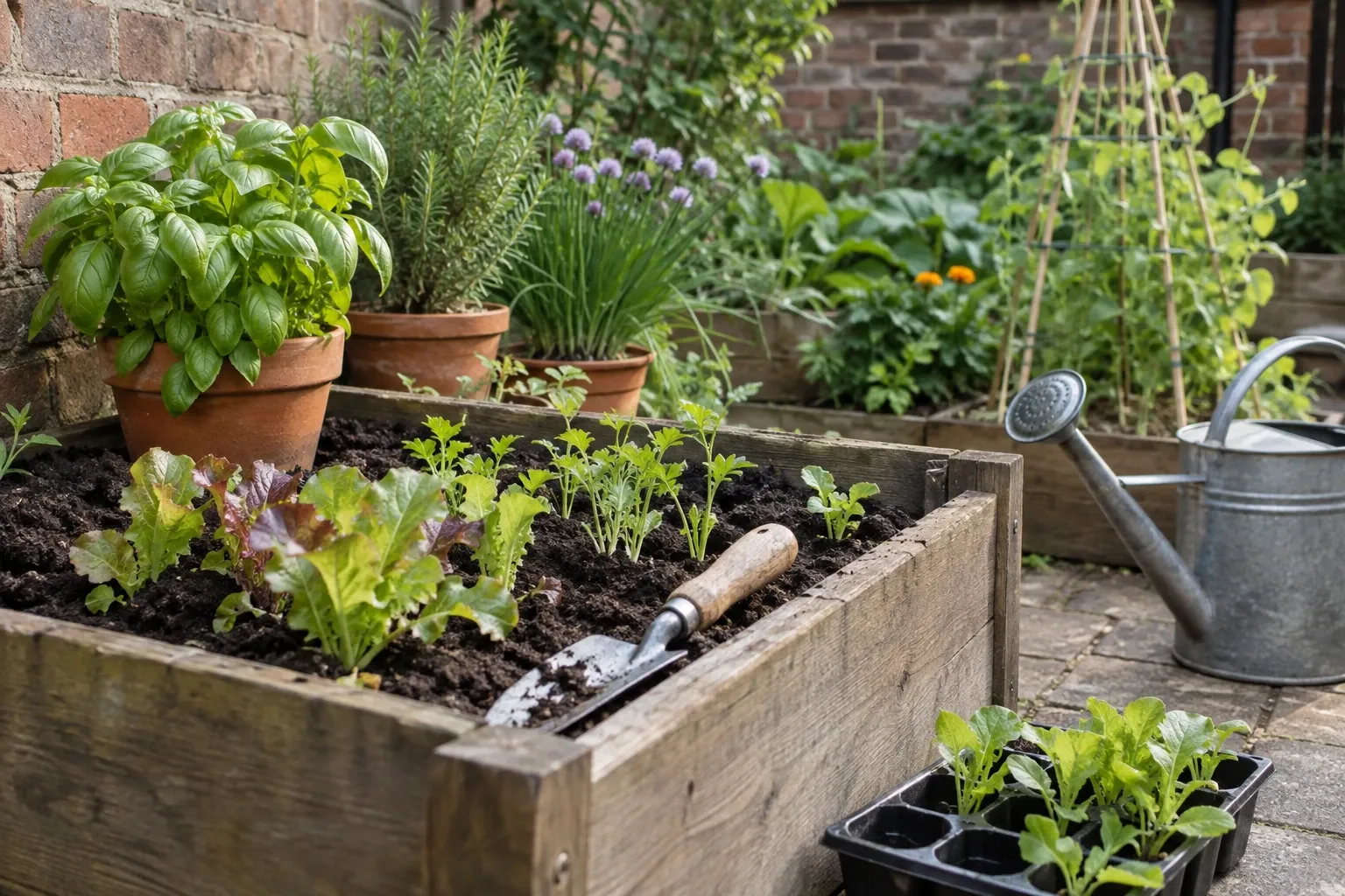 Raised wooden bed with lettuce seedlings, potted herbs, hand trowel and watering can