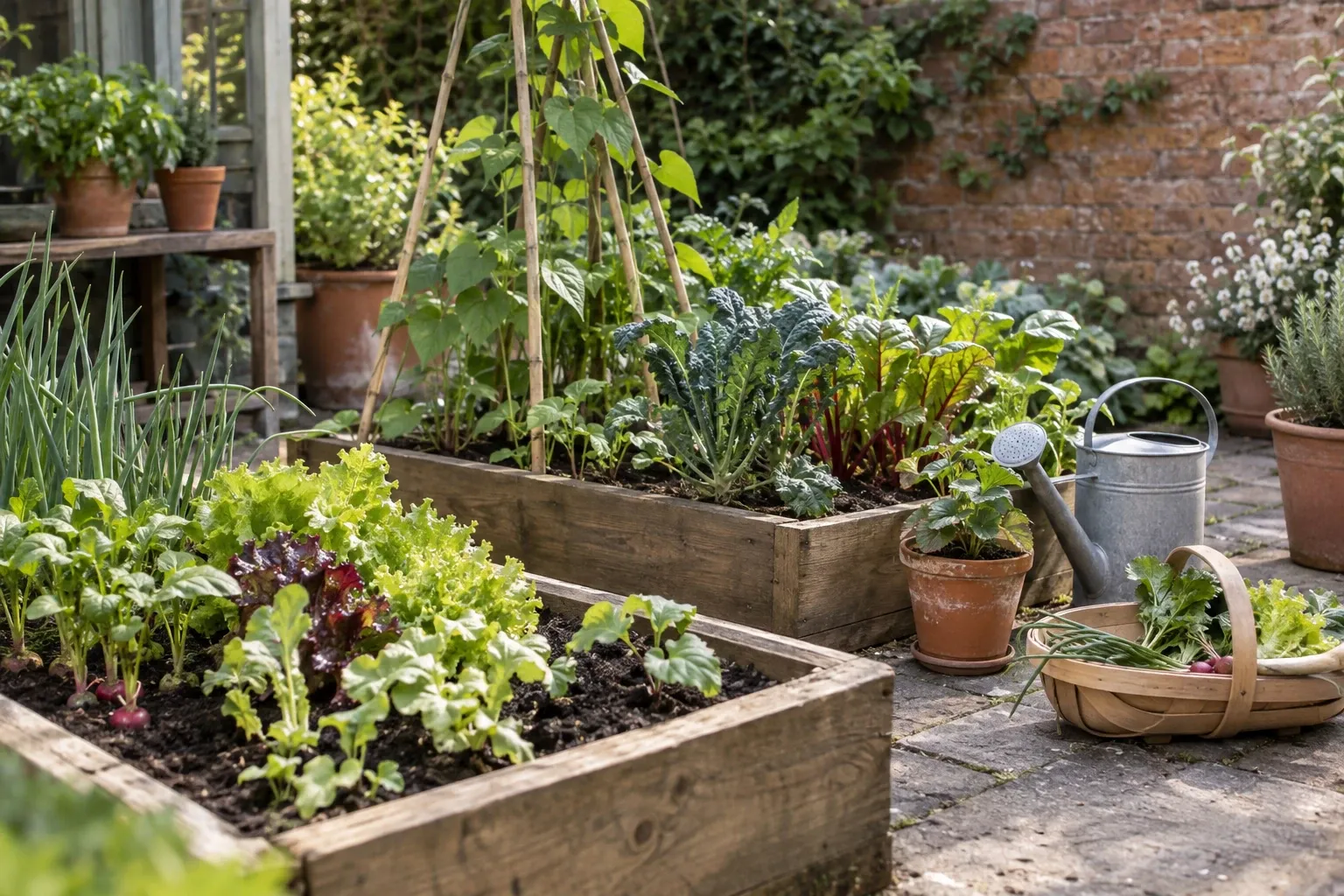 Raised wooden beds with lettuce, kale, beet greens, watering can, basket of herbs