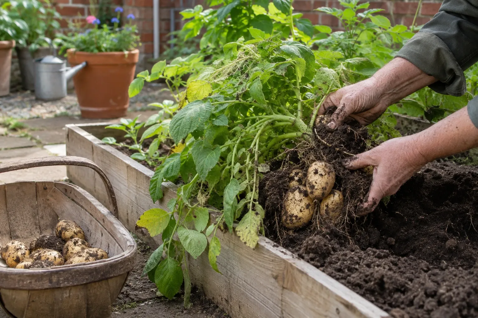Hands harvesting dirty new potatoes from a raised wooden bed into a basket