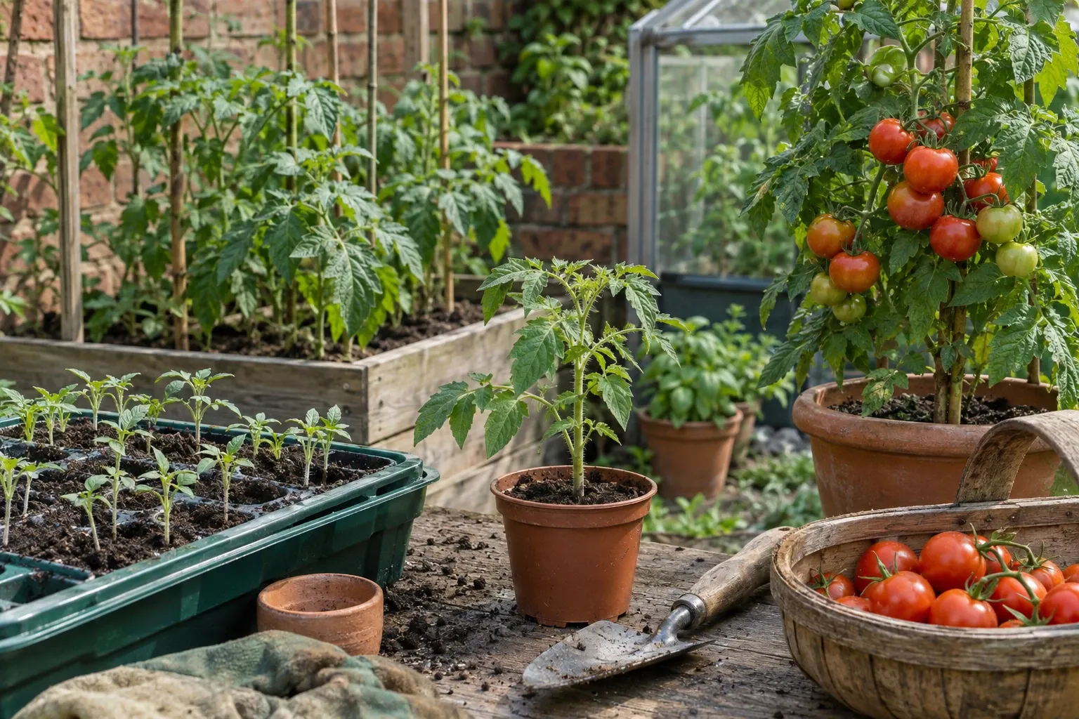 Seedlings in trays and pots beside ripe tomato plants and harvested tomatoes in bowl
