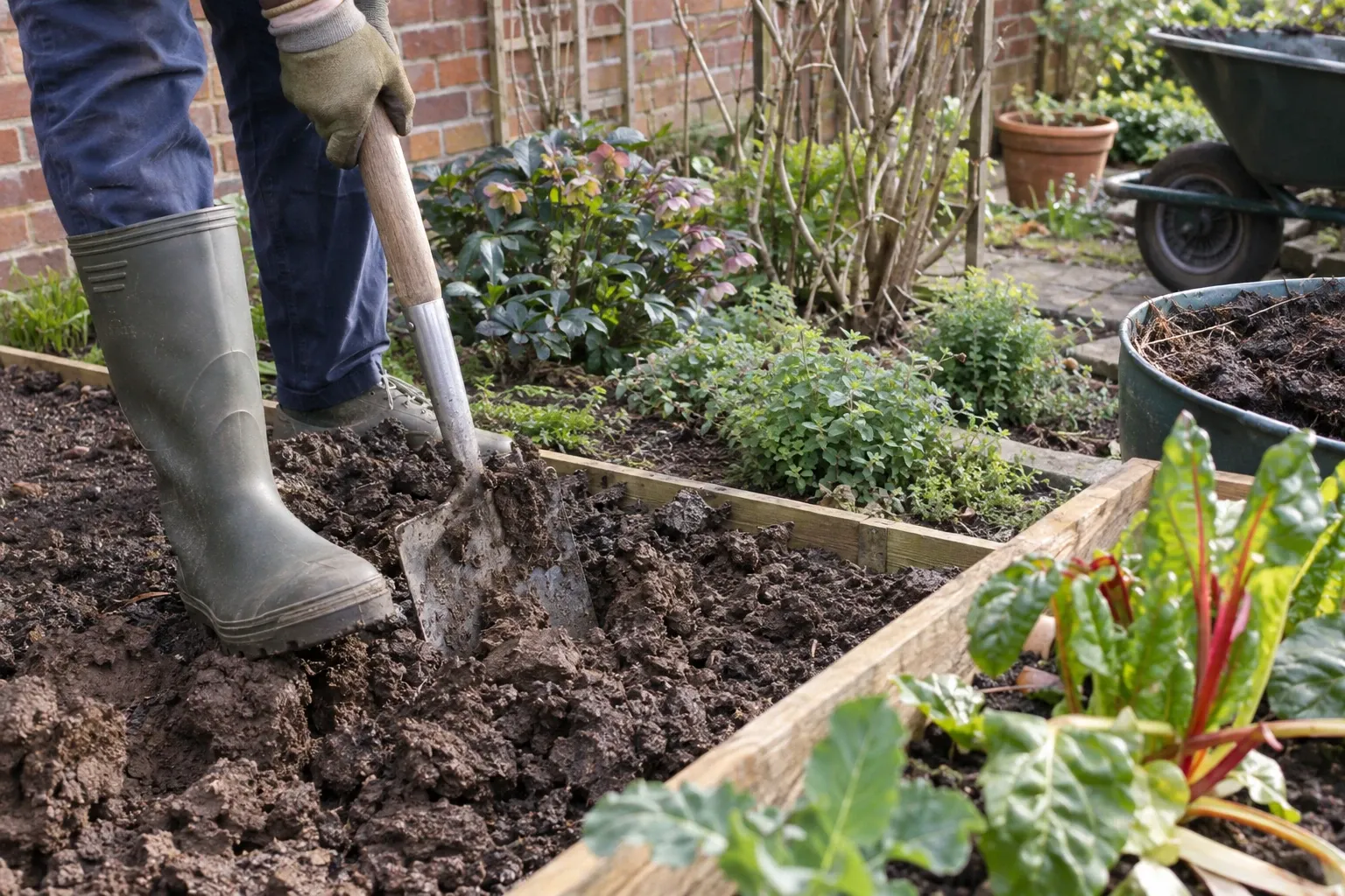 Gardener in boots digging heavy clay soil in raised bed with shovel and compost