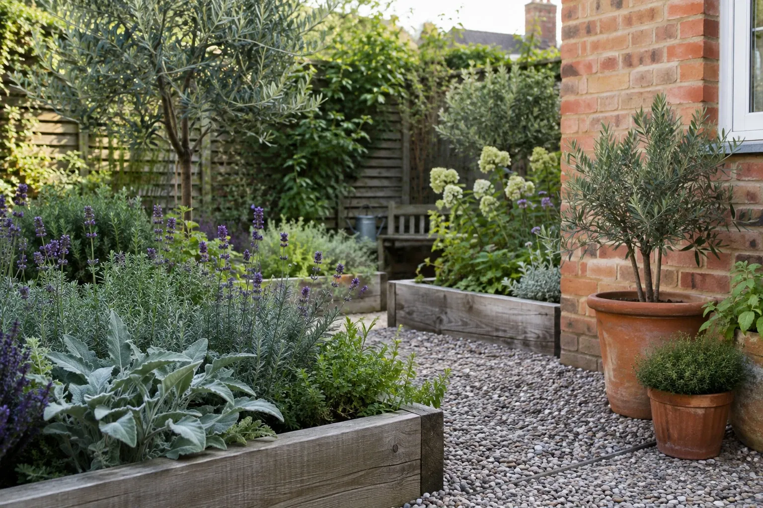 Gravel path between timber raised beds with lavender, sage, potted olive tree and bench