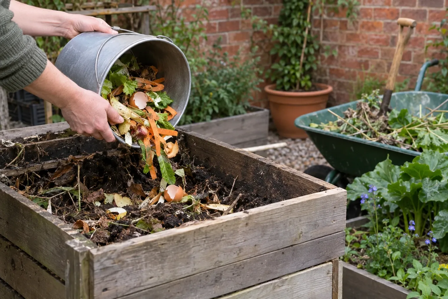 Person emptying kitchen scraps and garden waste into a wooden compost bin