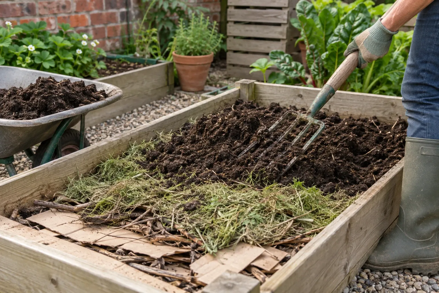 Gardener layering cardboard, grass clippings, compost in wooden raised vegetable bed