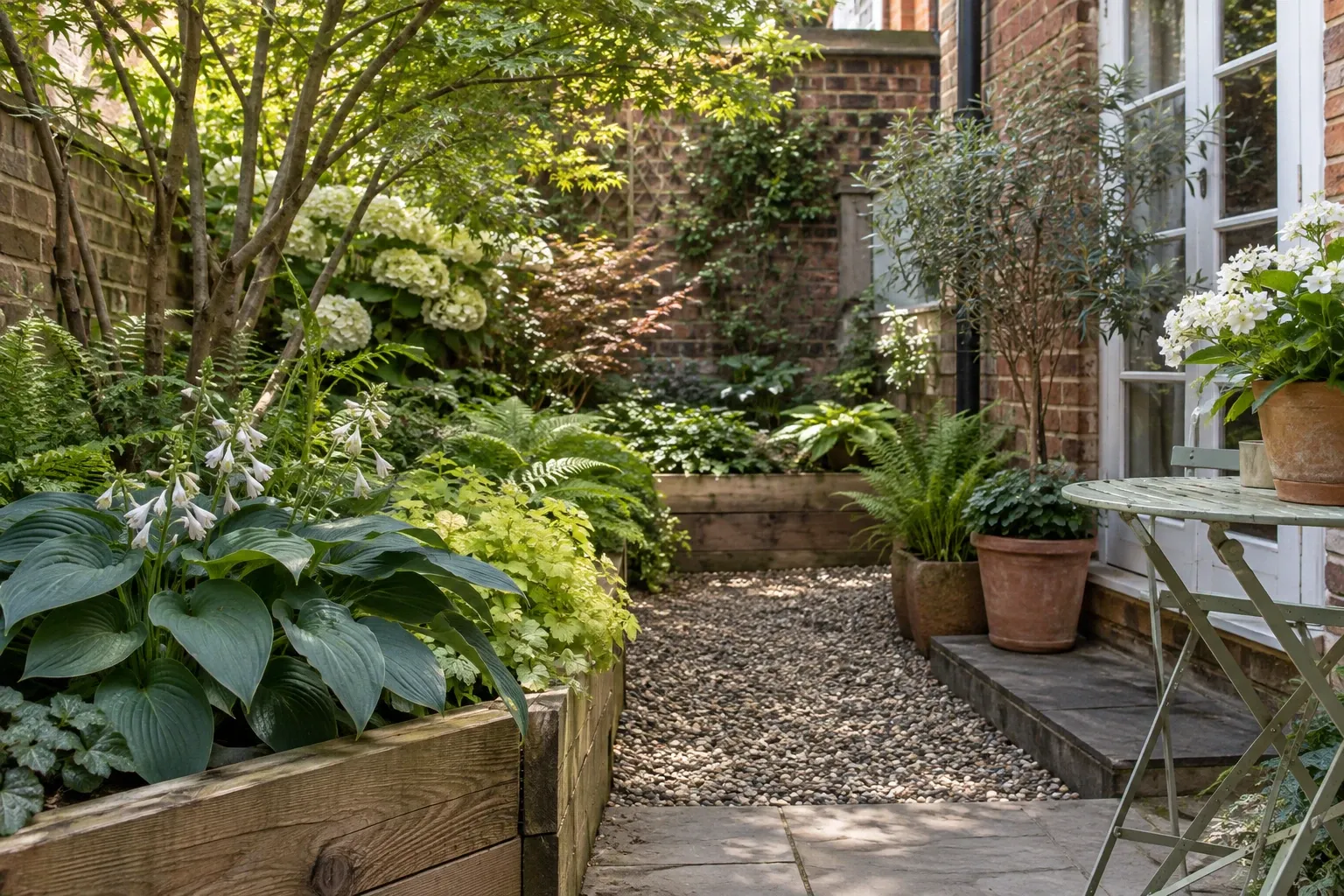Shaded north-facing courtyard garden with gravel path, potted ferns, hostas, hydrangeas