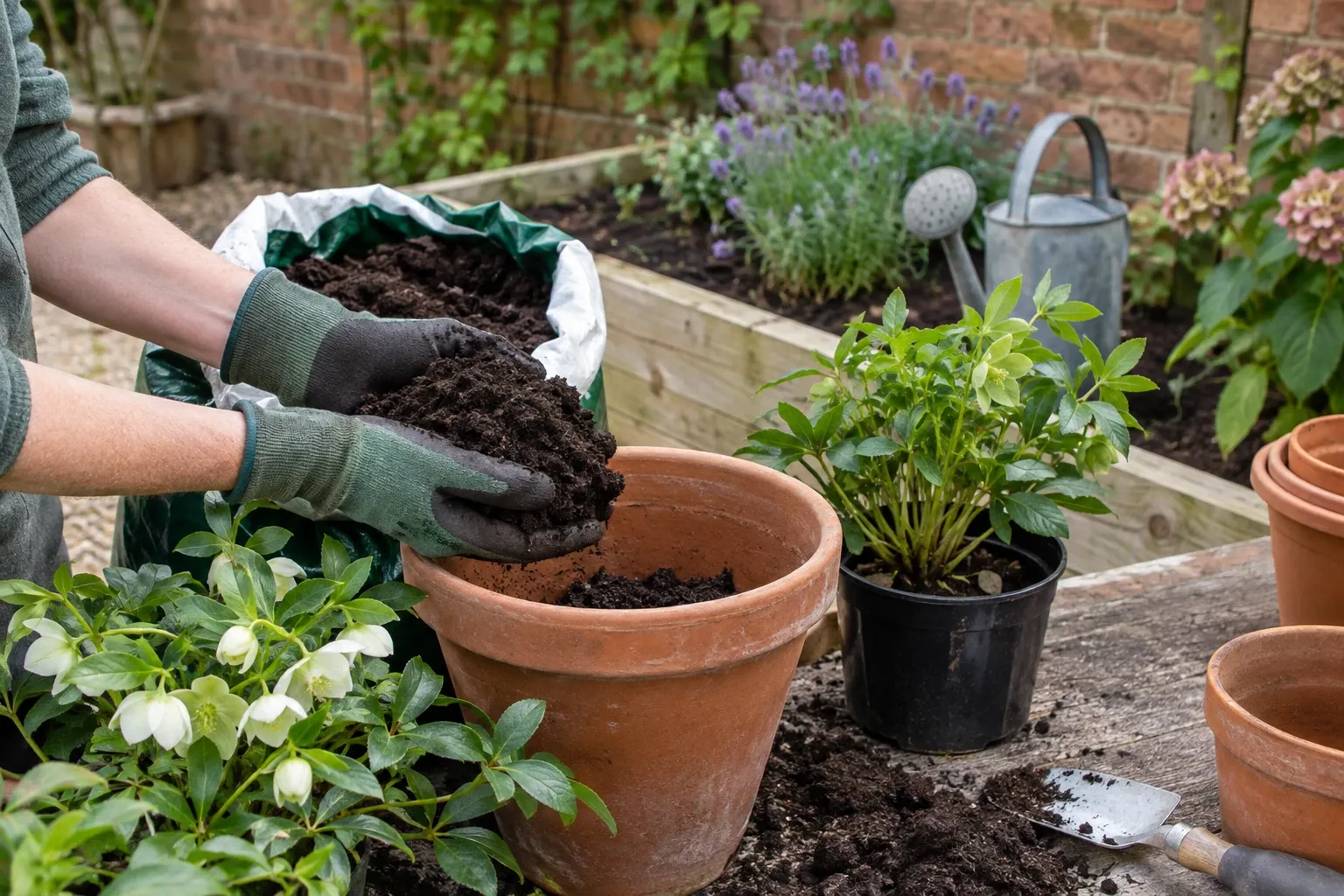 Person wearing gloves pouring compost into a terracotta pot on a potting bench
