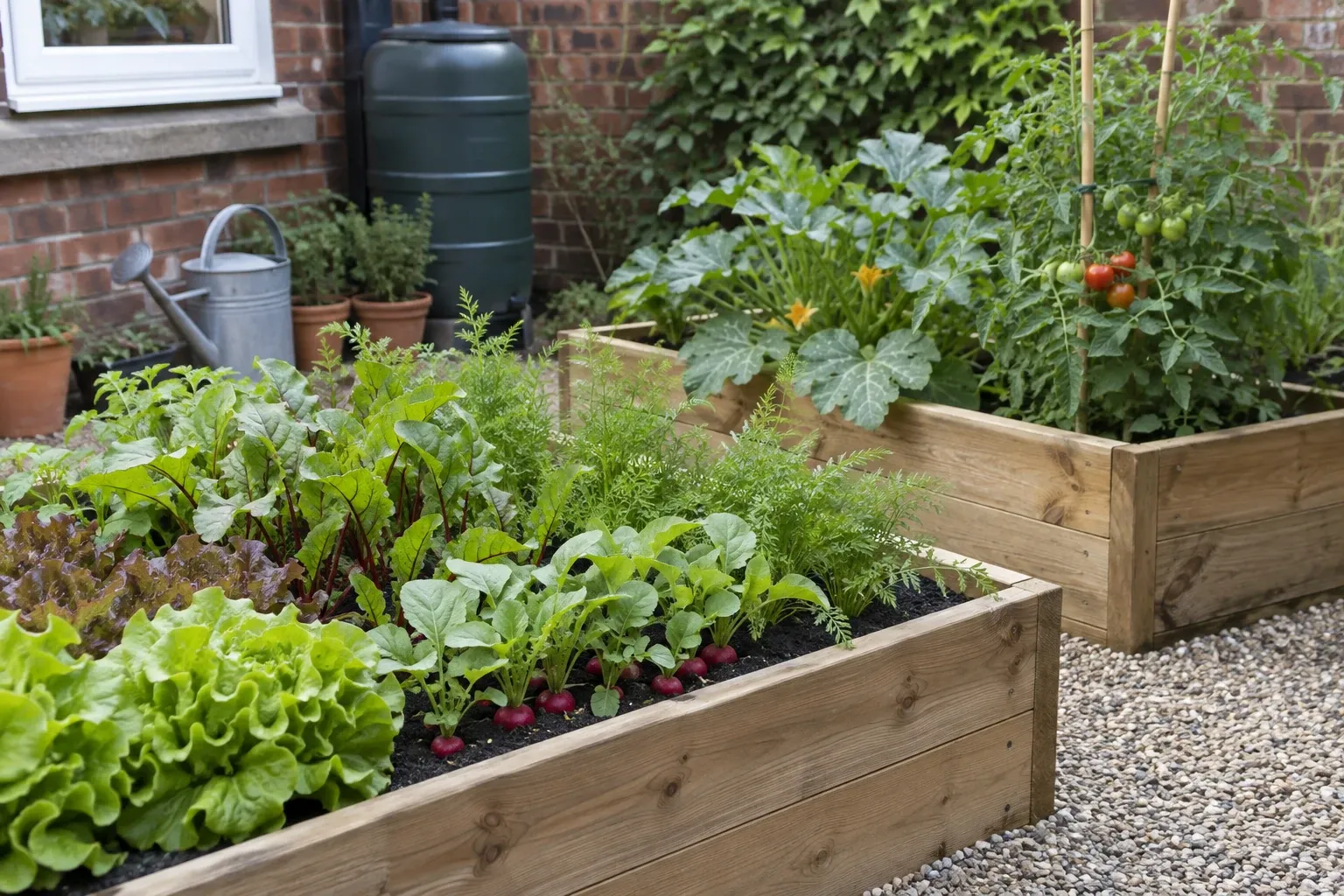 Raised wooden beds filled with lettuce, radishes, tomatoes and watering can nearby