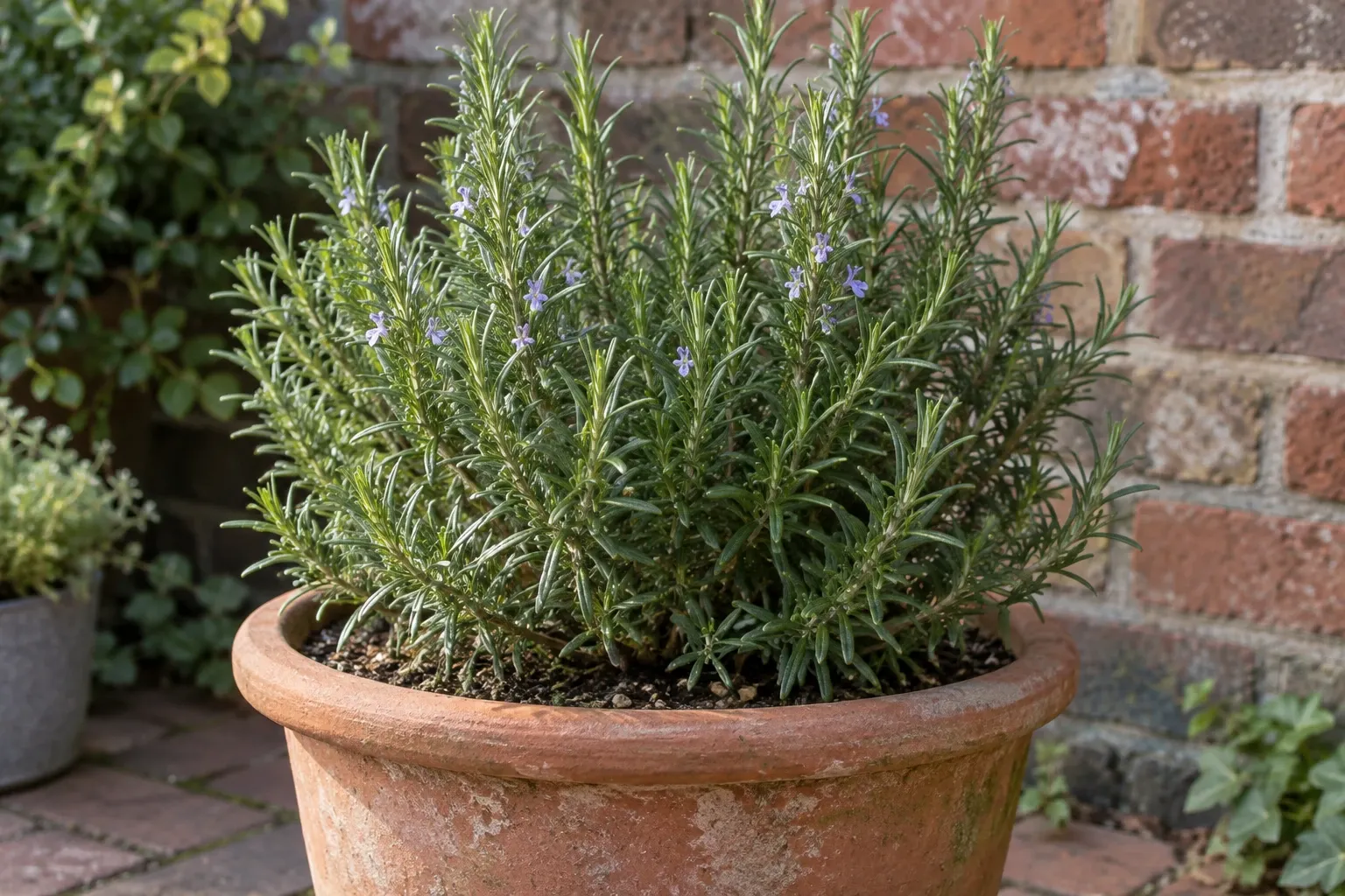 Potted rosemary bush with needle leaves and small pale purple flowers against brick wall
