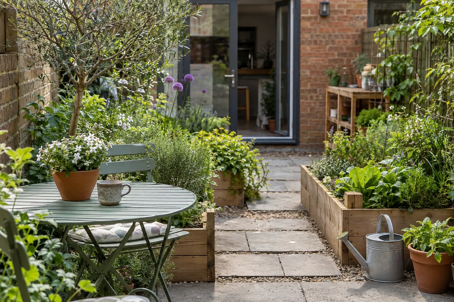 Small paved courtyard garden with raised beds, metal bistro table, watering can