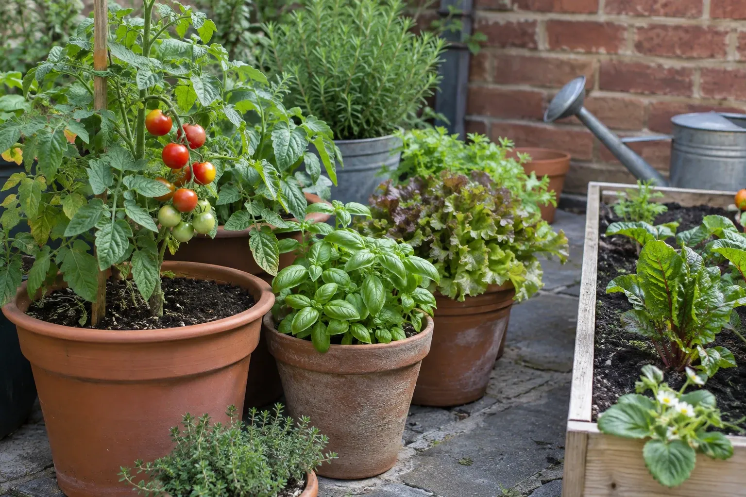 Terracotta pots with tomato plant, basil, lettuce, herbs and wooden planter on patio