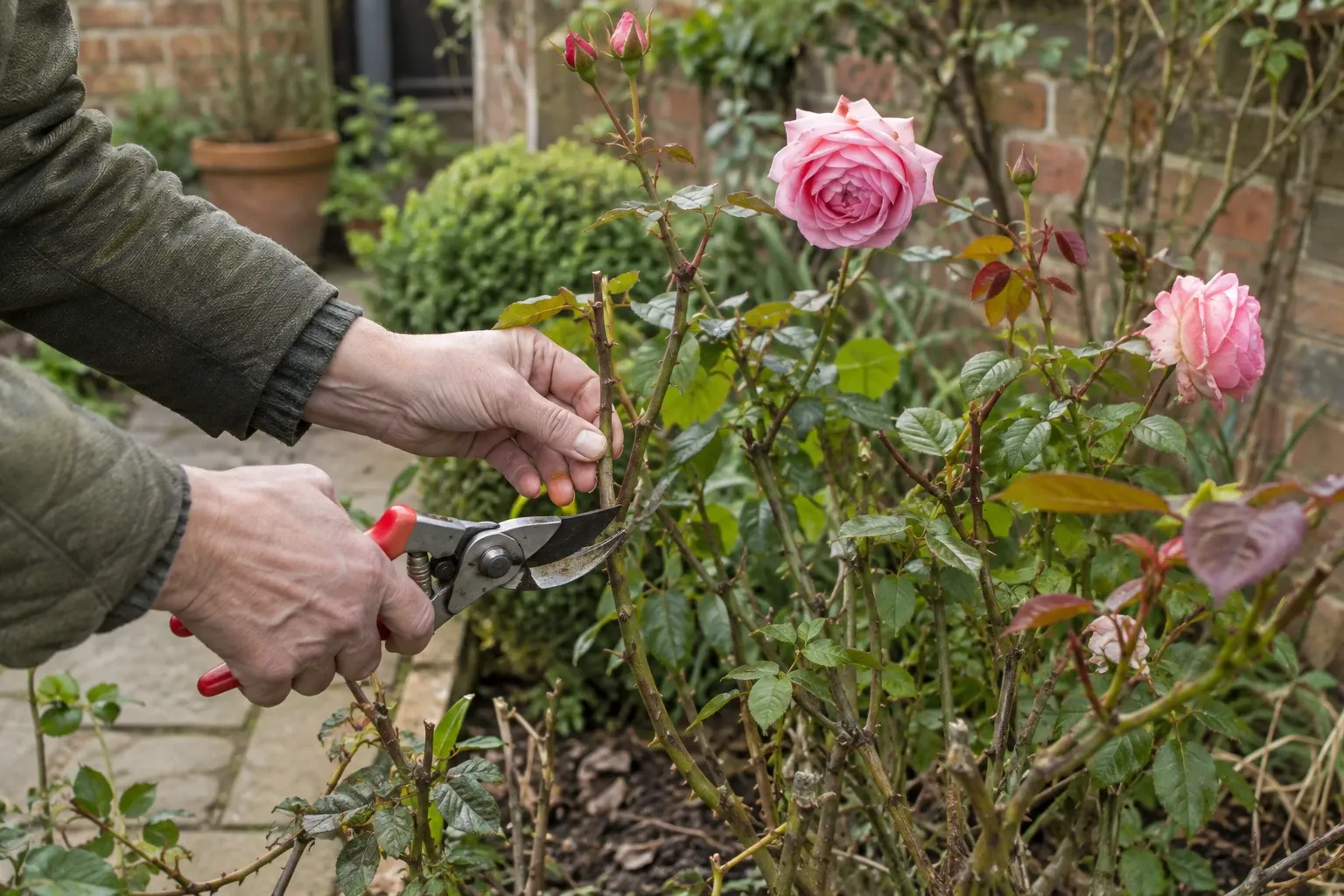 Hands using pruning shears to cut a rose stem in a garden with pink blooms